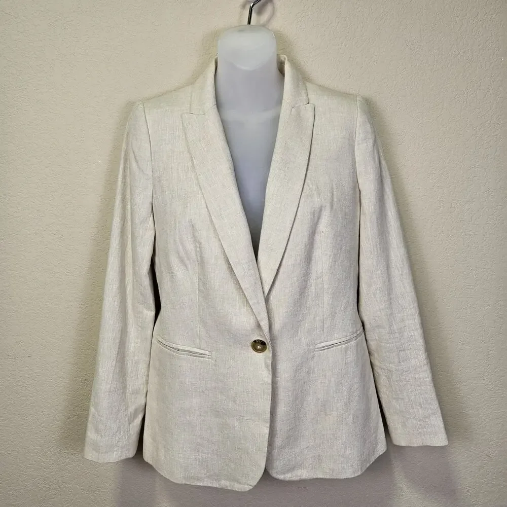 J.Crew Linen Cotton Holland Blazer Womens 4 Crosshatch Beige Career Jacket AL221 - Picture 6 of 16